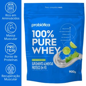 100% Pure Whey 900g Refil Probiótica – Whey Protein Concentrado WPC Alto Teor de Proteína