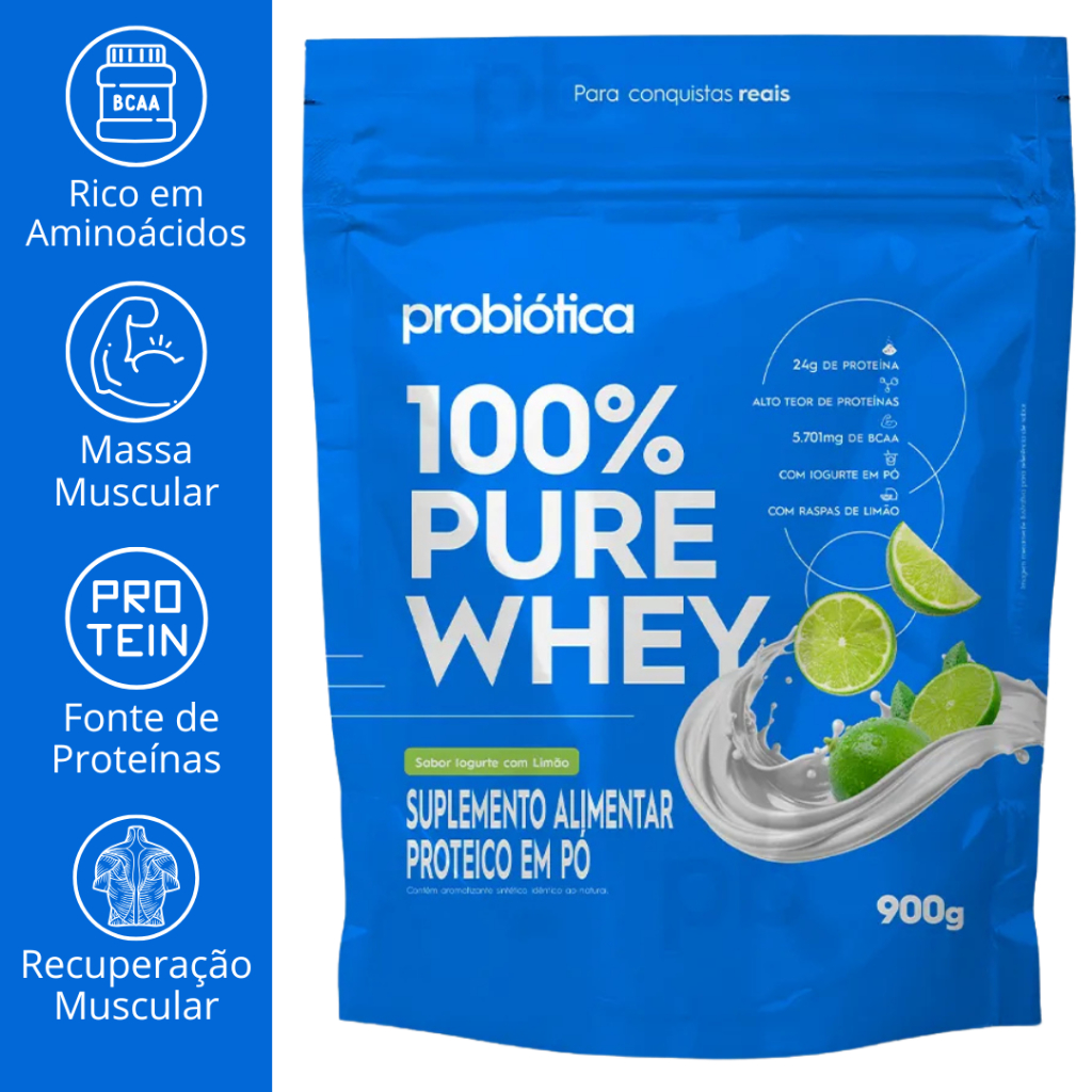100% Pure Whey 900g Refil Probiótica – Whey Protein Concentrado WPC Alto Teor de Proteína