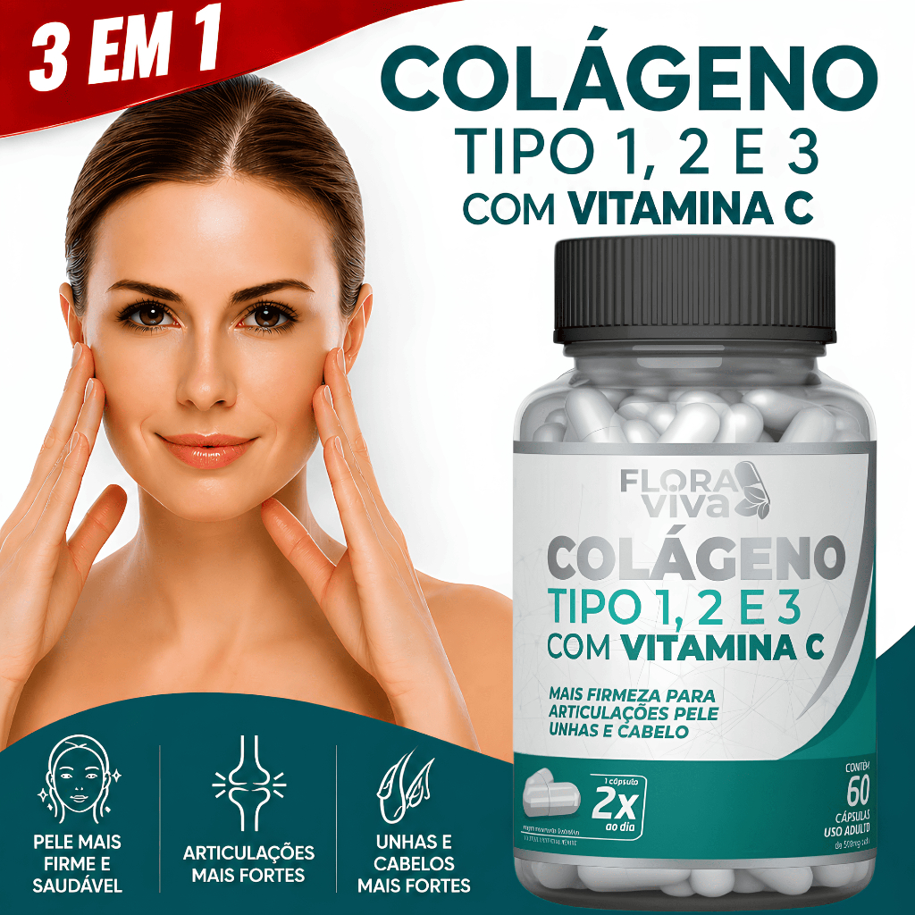 Colágeno Tipo 1 + Colágeno tipo 2 e 3 com Vitamina Cpara Pele Firme Articulações Cabelo e Unhas