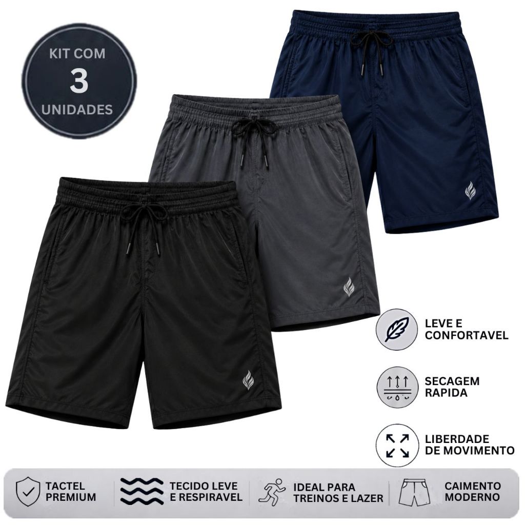 Kit 3 Shorts Tactel Masculino Bermuda Masculina Tactel Bermudas Masculinas Praia Academia Corrida