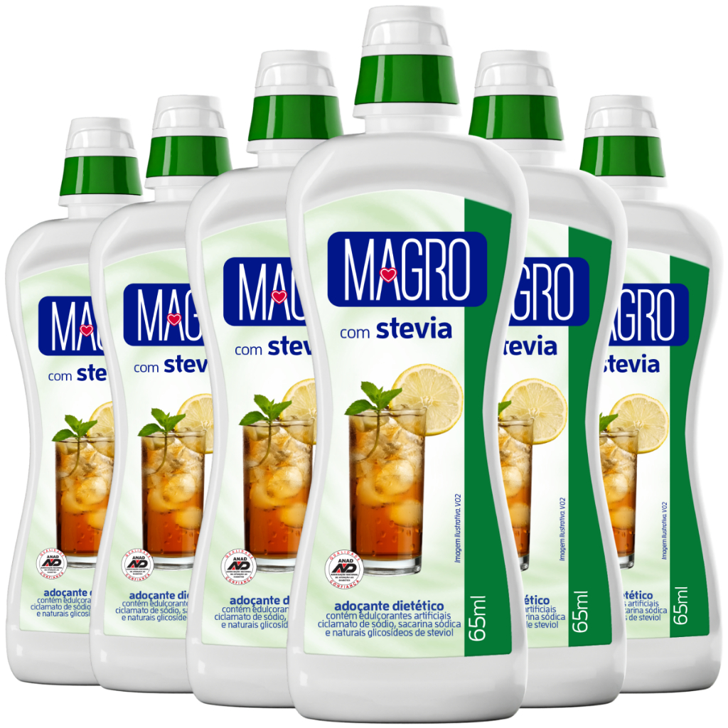 Kit com 6 Adoçantes Magro Líquido com Stevia, Doces Diet Zero Glúten, Contém stevia, Selo Anad 65ml